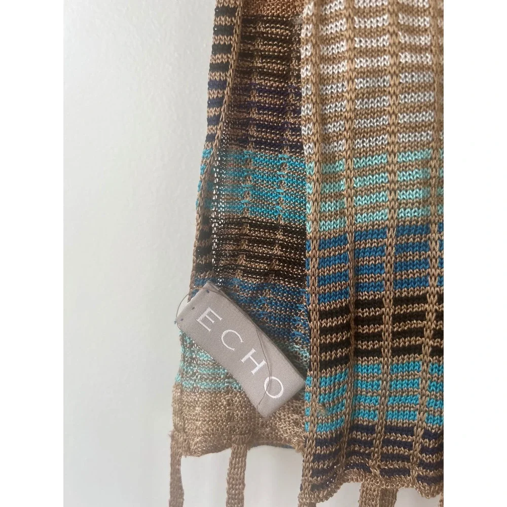 Echo Scarf Womens Brown Blue Striped Open Knit Beaded Fringe Rayon Wrap 74x10